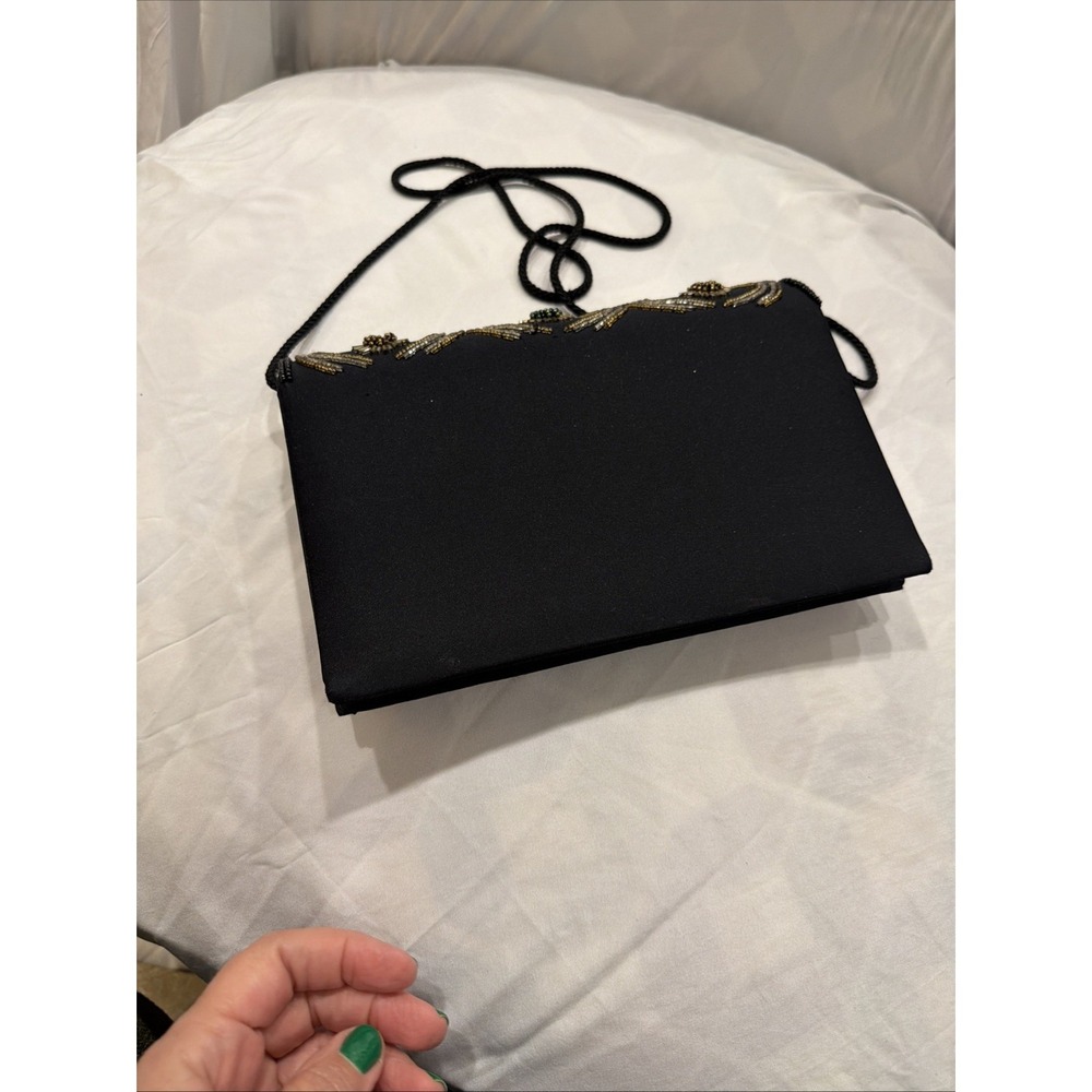 Vintage Carla Marchi Beaded Evening Clutch Black Satin Shoulder Bag - Picture 7 of 10